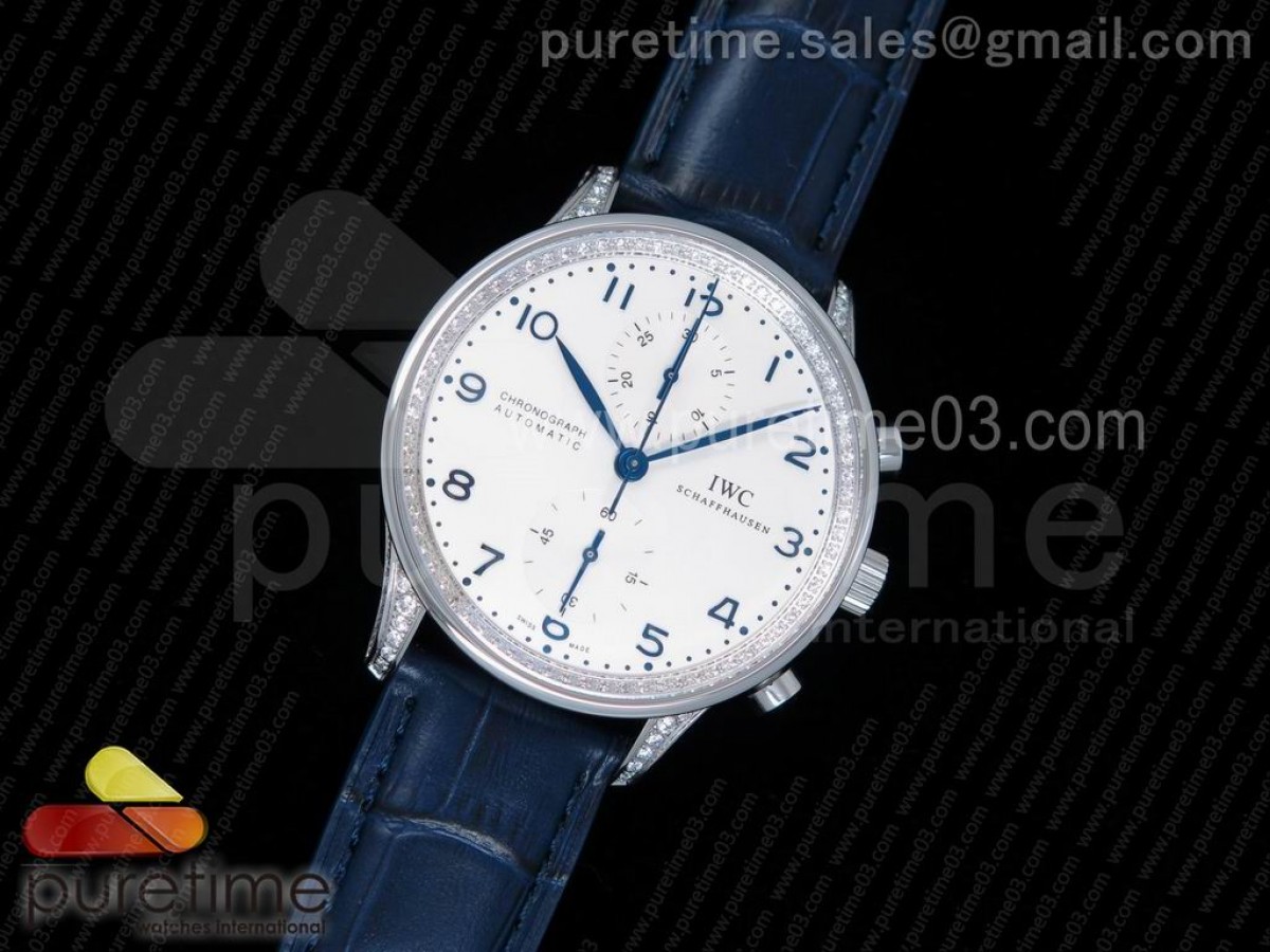 ZF공장 IWC 포르투기저 371446 크로노 다이아몬드베젤 / 가죽 Portuguese Chrono IW371446 ZF 1:1 Best Edition Full Paved Diamonds on BlueLeather Strap A7750 (Same Thickness as Genuine)