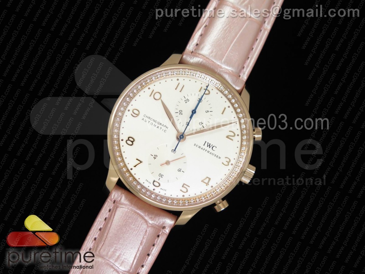 ZF공장 IWC 포루투기저 3714 화이트다이얼 다이아몬드베젤 로즈골드 / 가죽  Portuguese Chrono IW3714 RG ZF White Dial Diamonds Inner Bezel on 6 Colors Leather Strap A7750 (Same Thickness as Genuine)