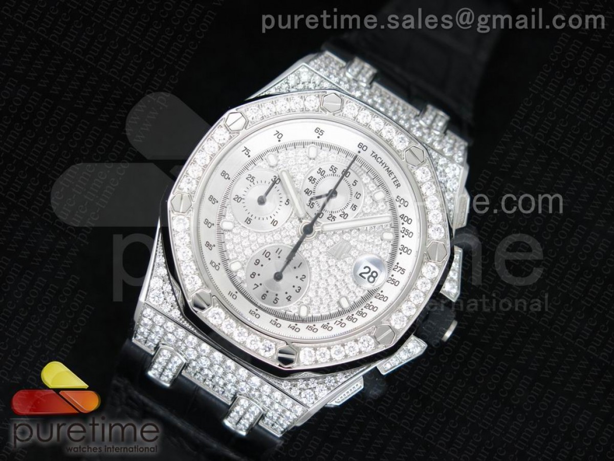 JF공장 오데마피게 로얄오크 풀다이아몬드 / 가죽 Royal Oak Offshore SS Full Paved Diamonds JF Best Edition on Black Leather Strap A7750