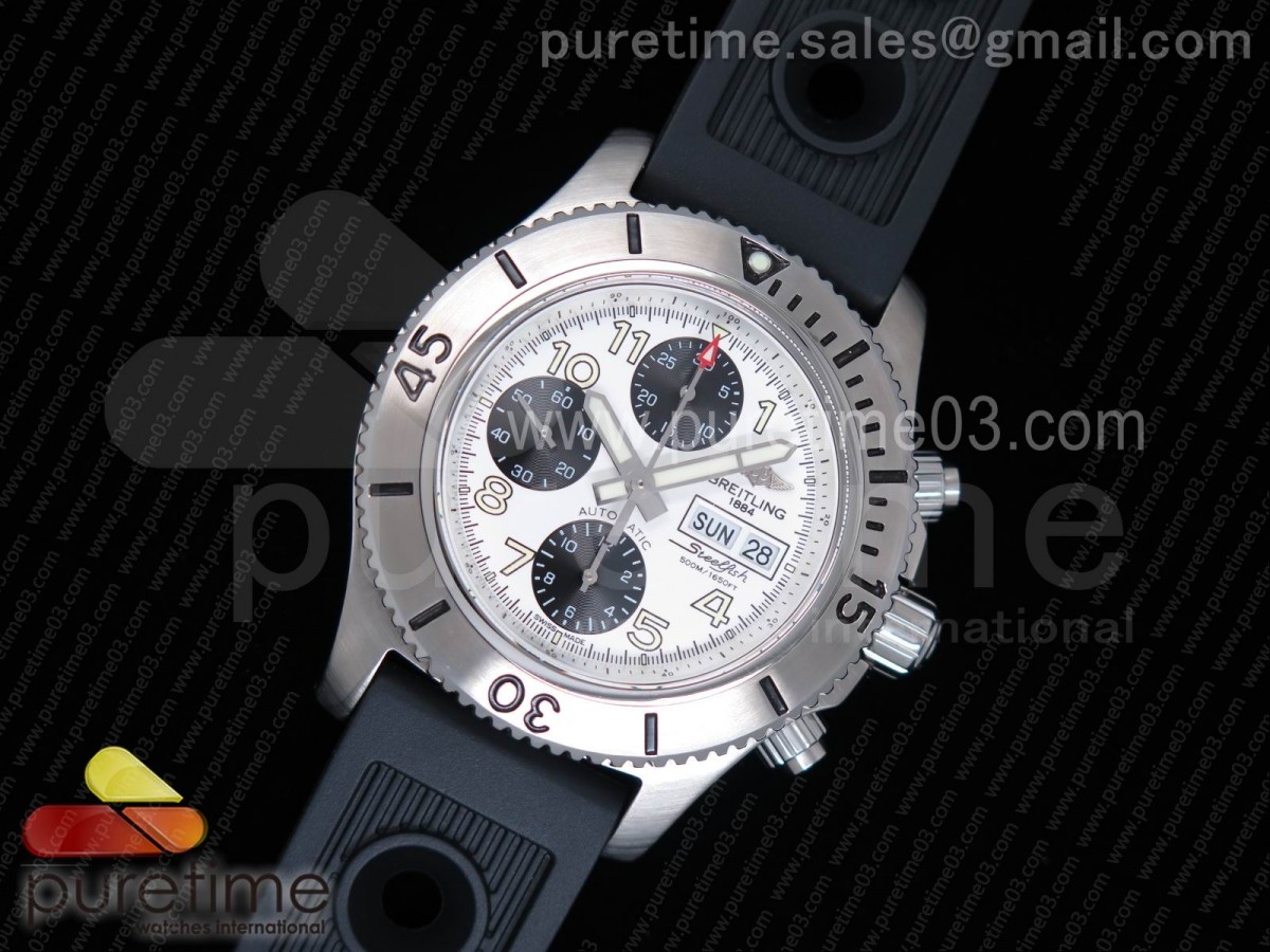 브라이틀링 슈퍼오션 스틸피쉬 크로노그래프 화이트다이얼 / 블랙러버 스트랩  SuperOcean SteelFish Chronograph SS White Dial on Black Rubber Strap A7750