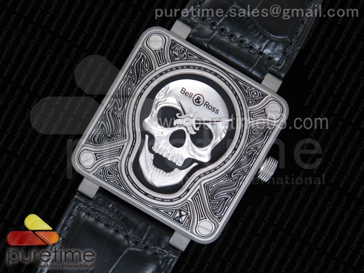 벨엔로스 버닝 스컬 타투 실버 다이얼 블랙 레더 스트랩   Bell & Ross BR01 Burning Skull ‘Tattoo’ Watch Silver Dial on Black Leather Strap MIYOTA 9015