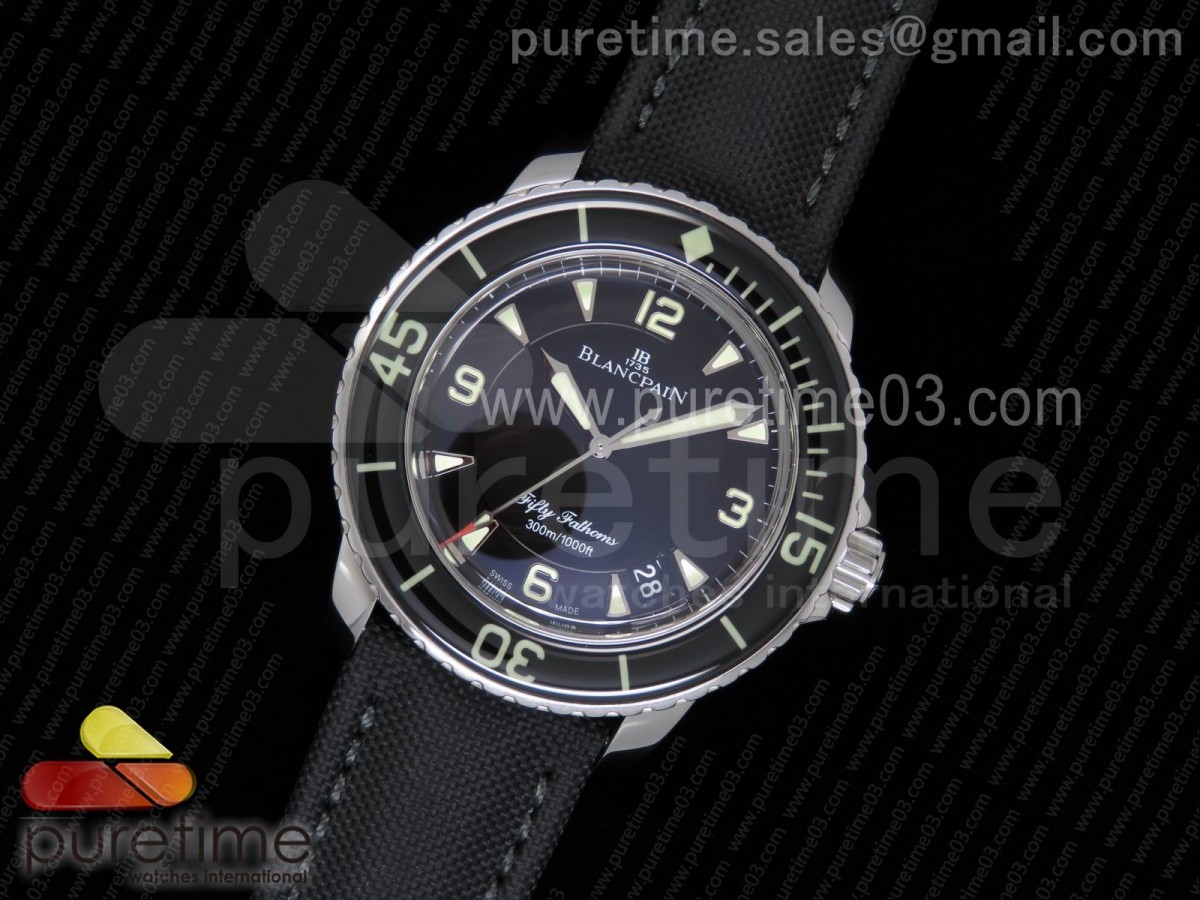 ZF공장 블랑팡 피프티 패덤즈 블랙 블랙 다이얼 Fifty Fathoms SS Black ZF 1:1 Best Edition Black Dial on Sail-canvas Strap A2836 (Free Extra Strap)