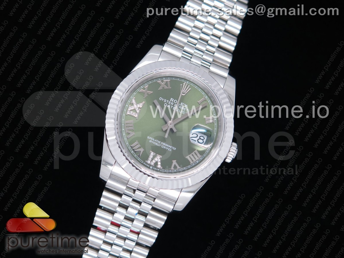 GM공장 롤렉스 데이저스트36 904L 그린다이얼 로만(다이아)인덱스 플루티드베젤 DateJust 36 SS 126234 GMF Best Edition 904L Steel Green Dial Diamonds Roman Markers on Jubilee Bracelet A2824