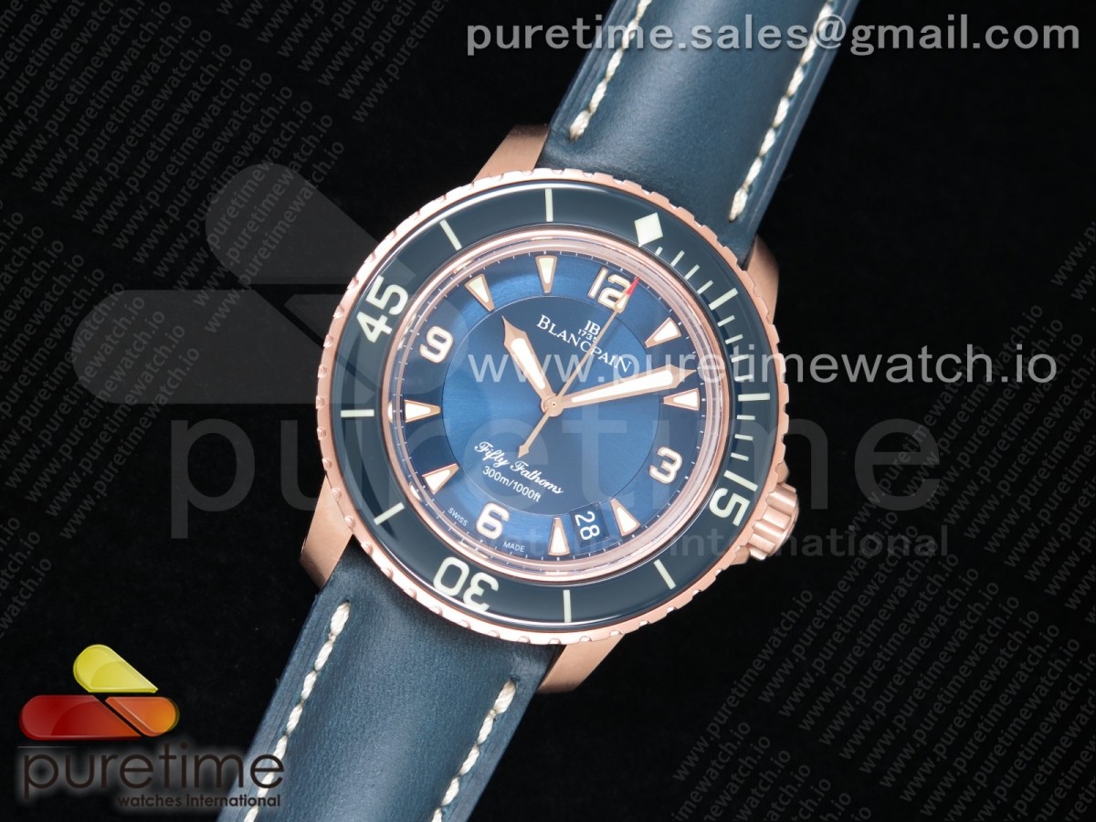 ZF공장 블랑팡 피프티패덤즈 로즈골드 블루다이얼 가죽 / Fifty Fathoms RG Bright Blue ZF 11 Best Edition on Blue Leather Strap A1315
