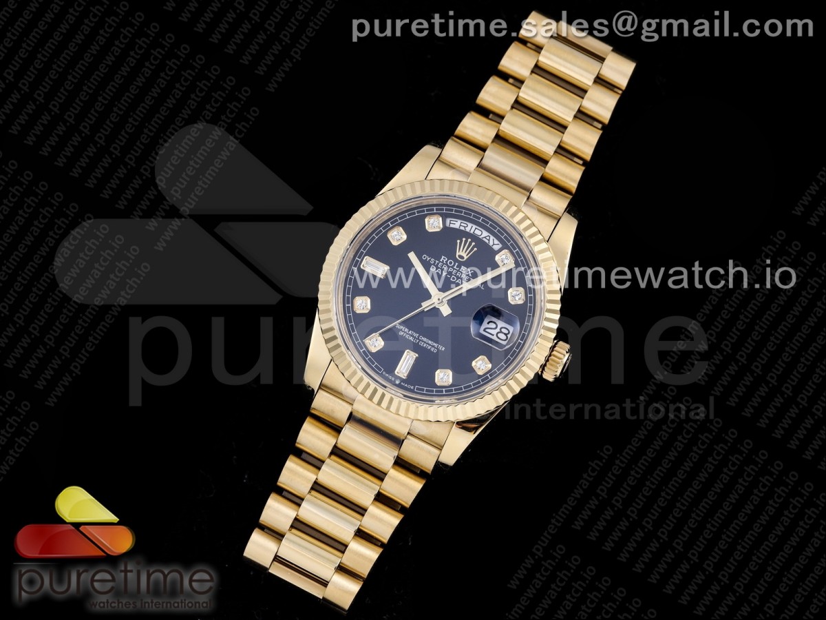 GM공장 롤렉스 데이데이트 옐로우골드 금통 블랙 텐포인트 브슬 / Day-Date 36 YG 128238 GMF Best Edition Black Dial Diamonds Markers on President Bracelet A2836