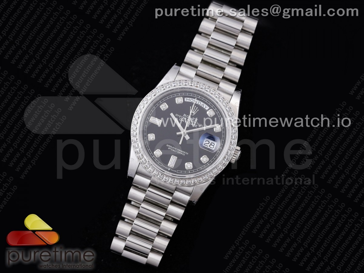 GM공장 롤렉스 데이데이트 36 블랙 텐포인트 인덱스 다이아베젤 904L / Day Date 36 128239 GMF 11 Best Edition 904L Steel Black Dial Diamonds Markers and Bezel on Bracelet A2836