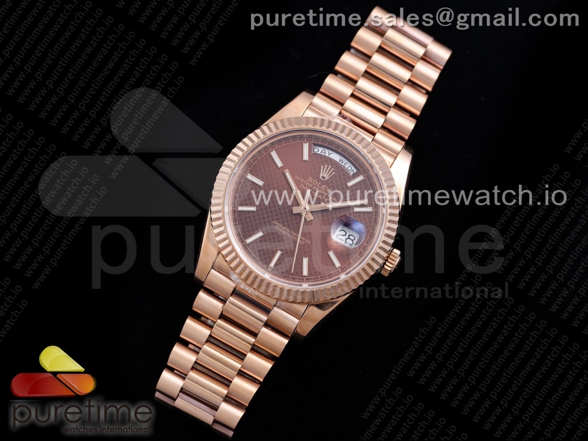 GM공장 롤렉스 데이데이트 40MM 로즈골드금통 브라운 텍스쳐 바인덱스 904L / Day Date 40 RG 904L Steel GMF 11 Best Edition Brown Textured Dial on RG Bracelet A2836