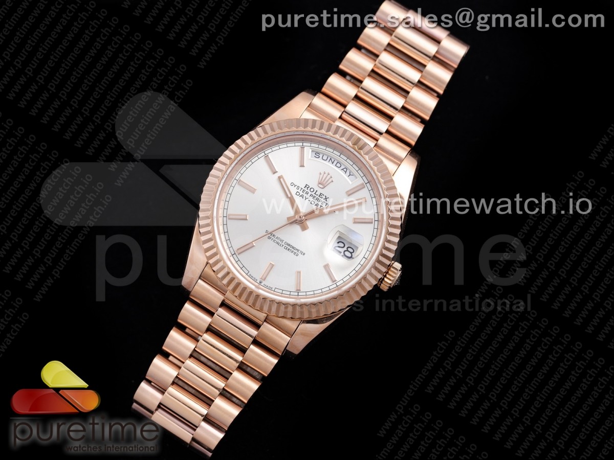 GM공장 롤렉스 데이데이트 40MM 로즈골드금통 실버 바인덱스 904L / Day Date 40 RG 904L Steel GMF 11 Best Edition Silver Stick Dial on RG Bracelet A2836