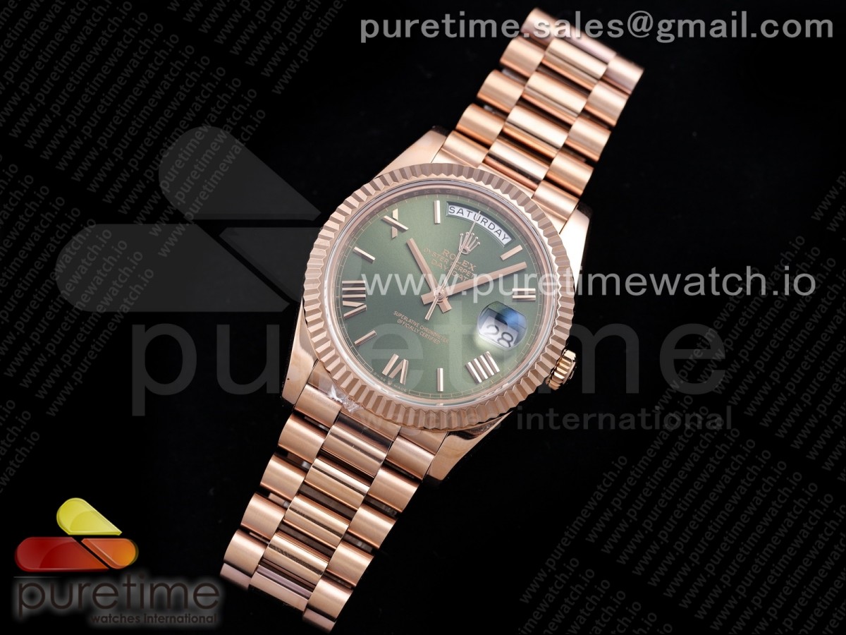 GM공장 롤렉스 데이데이트 40MM 로즈골드금통 그린 로만인덱스 904L / Day Date 40 RG 904L Steel GMF 11 Best Edition White Green Dial on RG Bracelet A2836