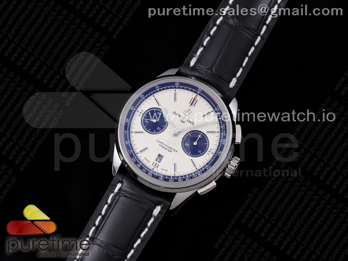 GF공장 브라이틀링 프리미어 B01 크로노 화이트블랙다이얼 가죽 / Premier B01 Chrono SS 42mm GF 11 Best Edition WhiteBlack Dial on Black Leather Strap A7750