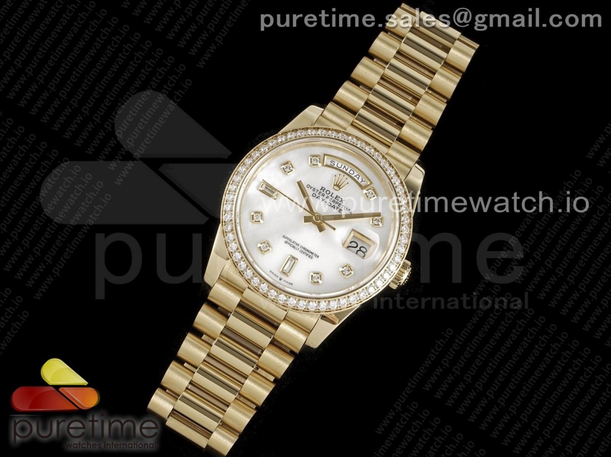 GM공장 롤렉스 데이데이트 36MM 옐로우골드 다이아베젤 실버 다이아다이얼 / Day Date 36 YG 904L Steel Diamonds Bezel GMF 11 Best Edition Silver Diamonds Dial on YG Bracelet A2836