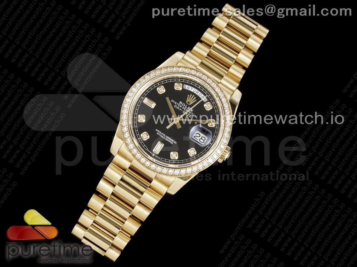 GM공장 롤렉스 데이데이트 40MM 옐로우골드 다이아베젤 블랙 다이아다이얼 / Day Date 40 YG 904L Steel Diamonds Bezel GMF 11 Best Edition Black Diamonds Dial on YG Bracelet A2836