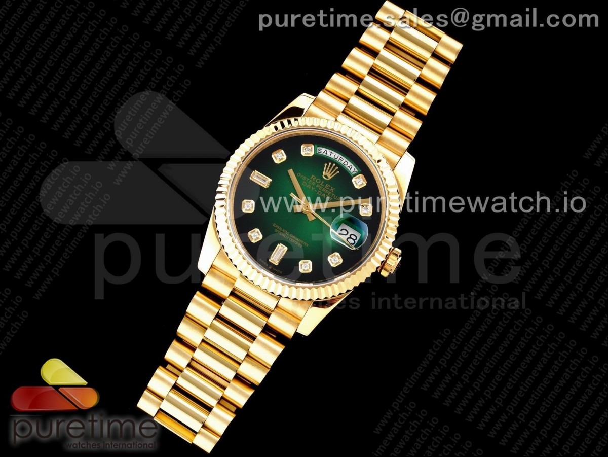 GM공장 롤렉스 데이데이트 36MM 옐로우골드 그린 다이아다이얼 / Day Date 36 YG 904L Steel Fluted Bezel GMF 11 Best Edition Green Diamonds Dial on YG Bracelet A2836