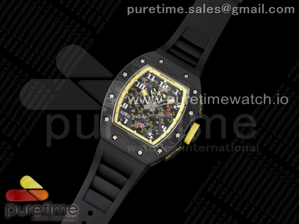 KV공장 리차드밀 RM011 카본 스켈레톤다이얼 옐로우이너베젤 블랙러버 / RM011 NTPT Carbon Chrono KVF 11 Best Edition Crystal Skeleton Dial Yellow Inner Bezel on Black Rubber Strap A7750
