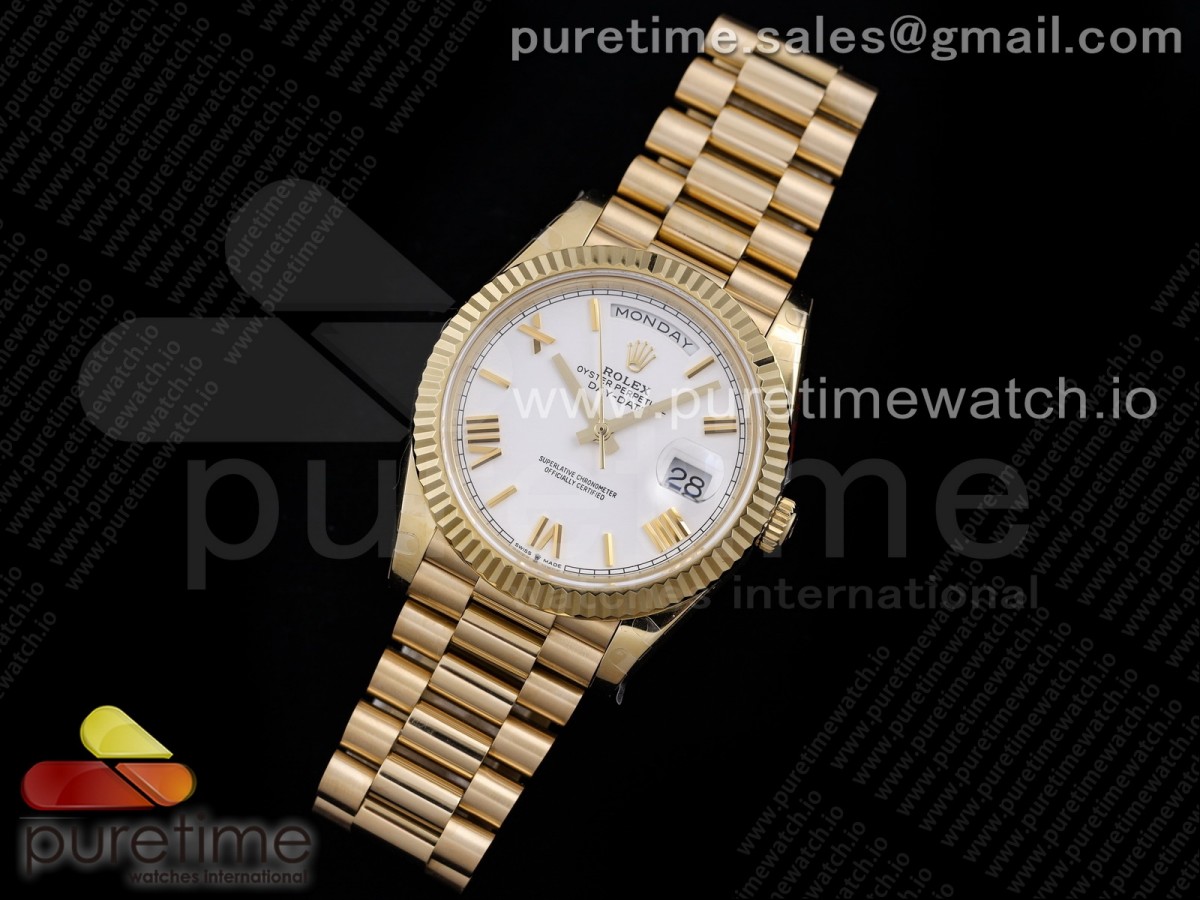 GM공장 롤렉스 데이데이트 40MM 옐로우골드 화이트 로만인덱스다이얼 / Day Date 40 YG 904L Steel GMF 1:1 Best Edition White Roman Dial on YG Bracelet A2836