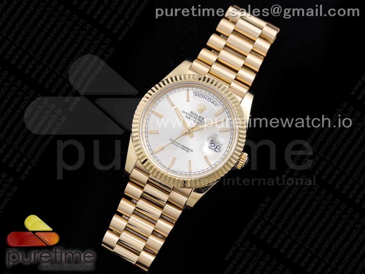 GM공장 롤렉스 데이데이트 40MM 옐로우골드 실버 바인덱스다이얼 / Day Date 40 YG 904L Steel GMF 1:1 Best Edition Silver Stick Dial on YG Bracelet A2836