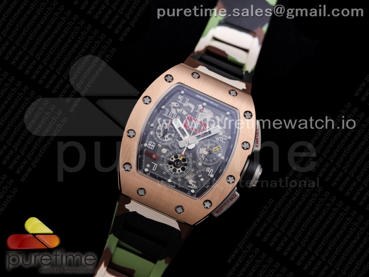 KV공장 리차드밀 RM011 크리스탈다이얼 로즈골드 카모러버 / RM011 RG Chrono KVF 1:1 Best Edition Crystal Dial Black on Green Camo Rubber Strap A7750 V3