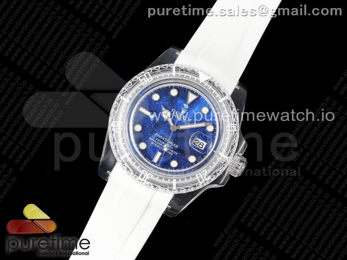 KZ공장 롤렉스 서브마리너 팬텀랩 블루Starry 다이얼 화이트러버 VR3135 / Submariner Phantomlab Transparent KZF Best Edition Blue Starry Dial on White Rubber Strap VR3135 V2