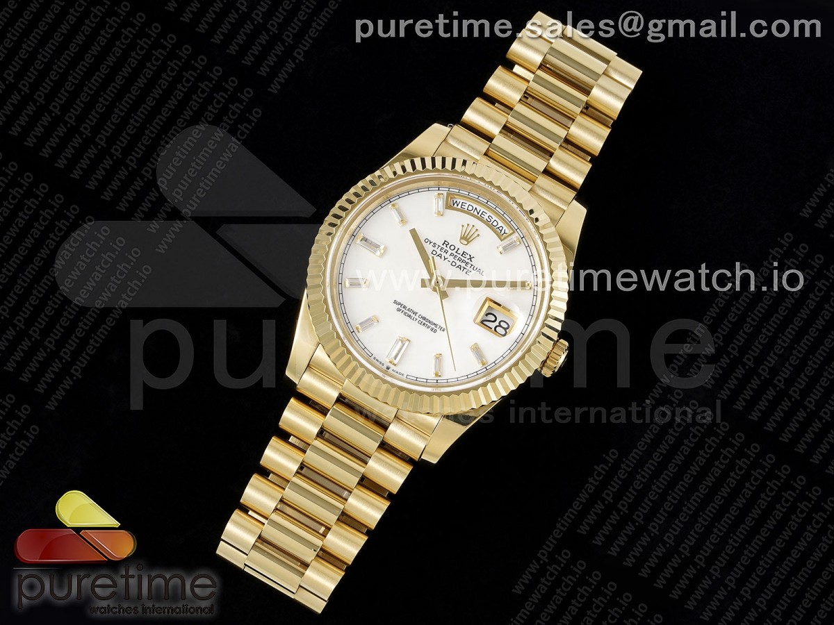 JD공장 롤렉스 데이데이트 화이트 다이아인덱스 40 옐로우골드 / Day Date 40 YG 904L Steel JDF 11 Best Edition White MOP Dial on YG Bracelet A2836