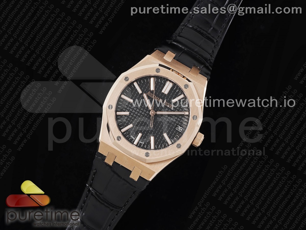 APS공장 오데마피게 로얄오크 15510 50주년Royal Oak 41mm 15510 50th Anniversary RG APSF 11 Best Edition Black Dial on Black Leather Strap SA4302 Super Clone