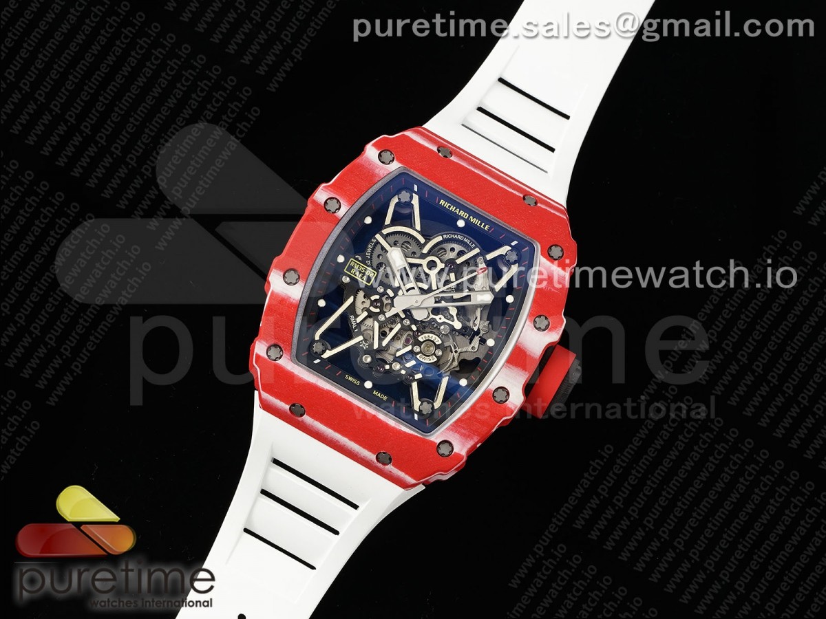 ZF공장 리차드 밀 레드카본 화이트스트랩 RM035-02 Red Carbon ZF 11 Best Edition Skeleton Dial on White Rubber Strap NH05A V3+