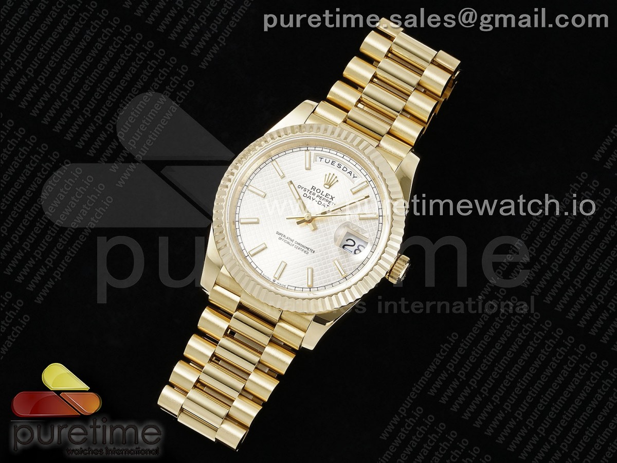 JD=GM공장 롤렉스 데이데이트 텅스텐 최신버전 3255무브먼트  DayDate 40 YG JDF Gain Weight 904L Steel Silver Textured Stick Dial on President Bracelet VR3255 V3