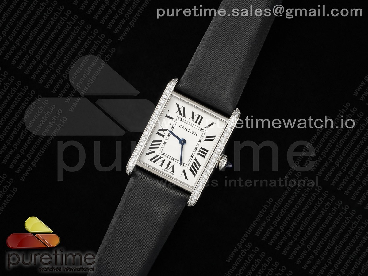 AF공장 까르띠에 탱크머스트 25.5미리 라지사이즈 다이아베젤 Tank Must SS 25.5mm AF 11 Best Edition White Dial Diamonds Bezel on Black Fabric Strap Ronda Quartz