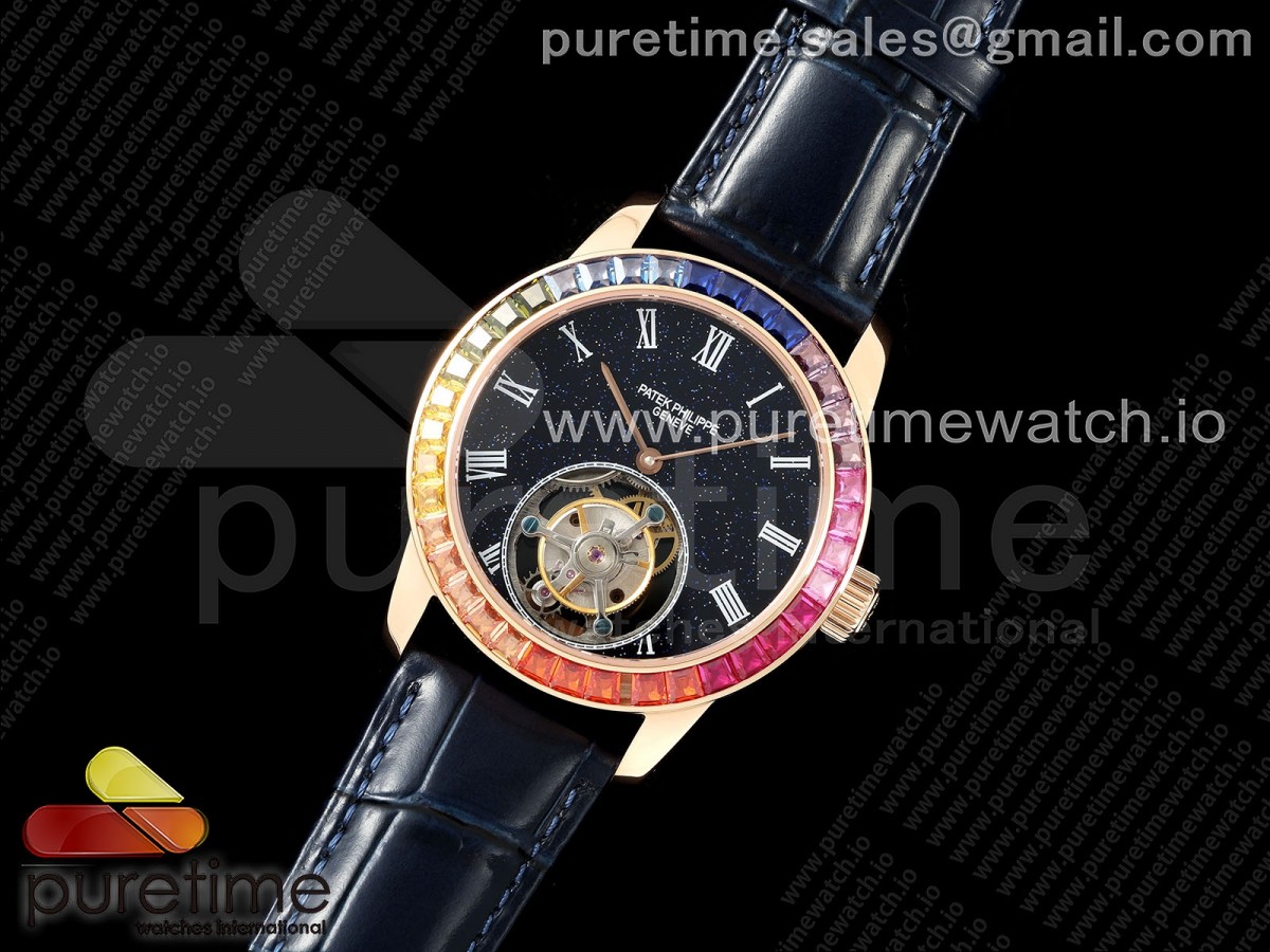 RMS공장 파텍필립 투어빌론PP Tourbillon RG Rainbow Bezel RMSF Edition Black Starry Dial on Blue Leather Strap