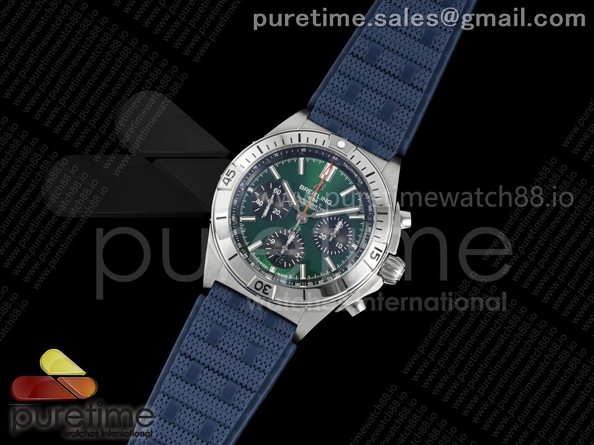 TF공장 브라이틀링 크로노맷 B01 러버스트랩 Chronomat B01 42mm SS TF 11 Best Edition GreenBlack Dial on Blue Rouleaux Strap A7750 V2