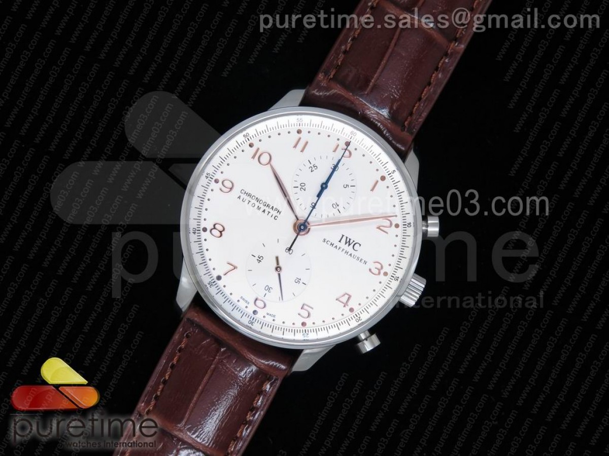 YL공장 IWC 포르투기저 3714 크로노 화이트다이얼 로즈골드마크 / 가죽 Portuguese Chrono IW3714 White Dial RG Markers YLF 1:1 Best Edition on Brown Leather Strap A7750 (Same Thickness as Genuine)