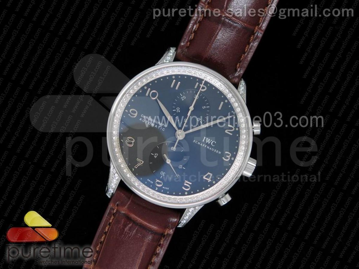 ZF공장 IWC 포르투기저 371431 크로노 다이아몬드베젤 / 가죽 Portuguese Chrono IW371431 ZF 1:1 Best Edition Full Paved Diamonds on Brown Leather Strap A7750 (Same Thickness as Genuine)