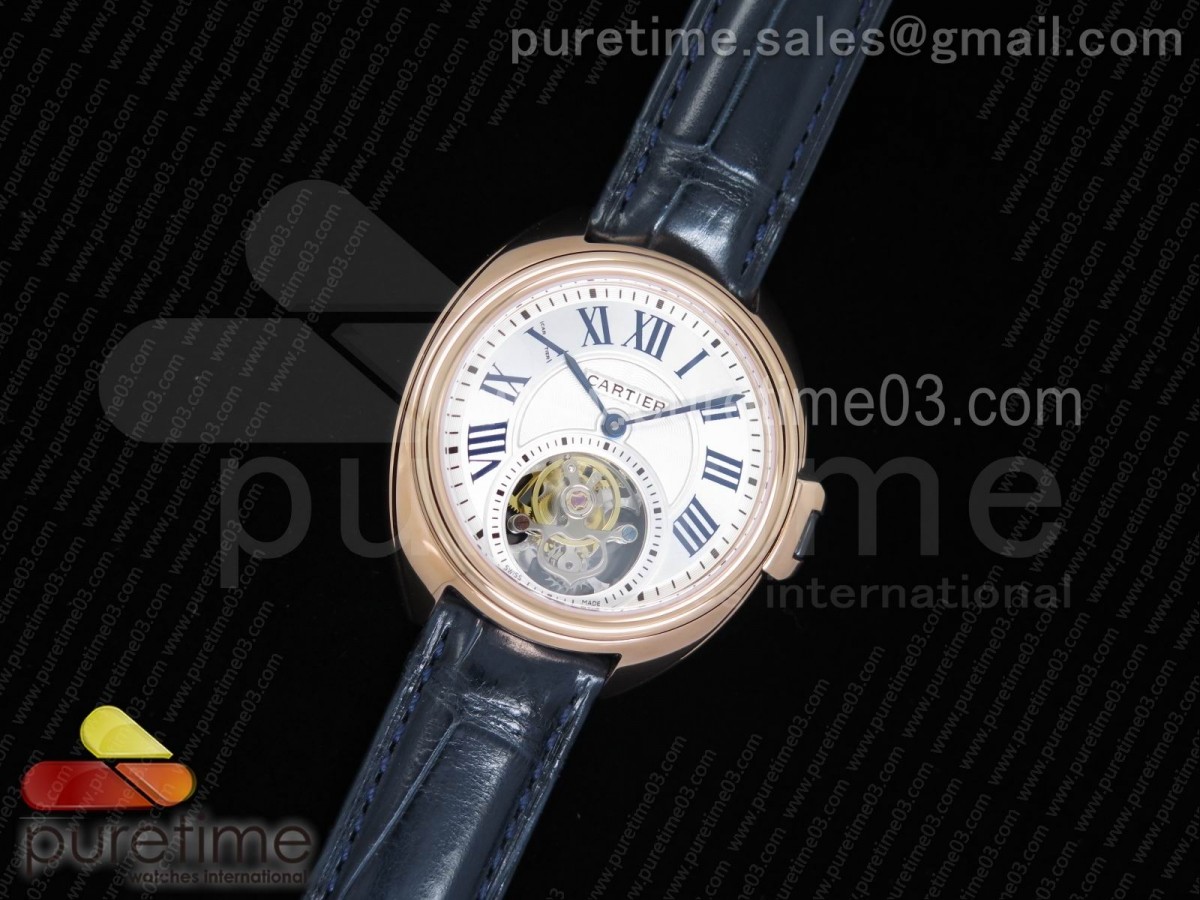 까르띠에 클레 드 뚜르비옹 35MM 화이트 텍스트다이얼 로즈골드 / 블루 악어 스트랩 Cle de Cartier Tourbillon RG 35mm White Textured Dial on Blue Croco Strap