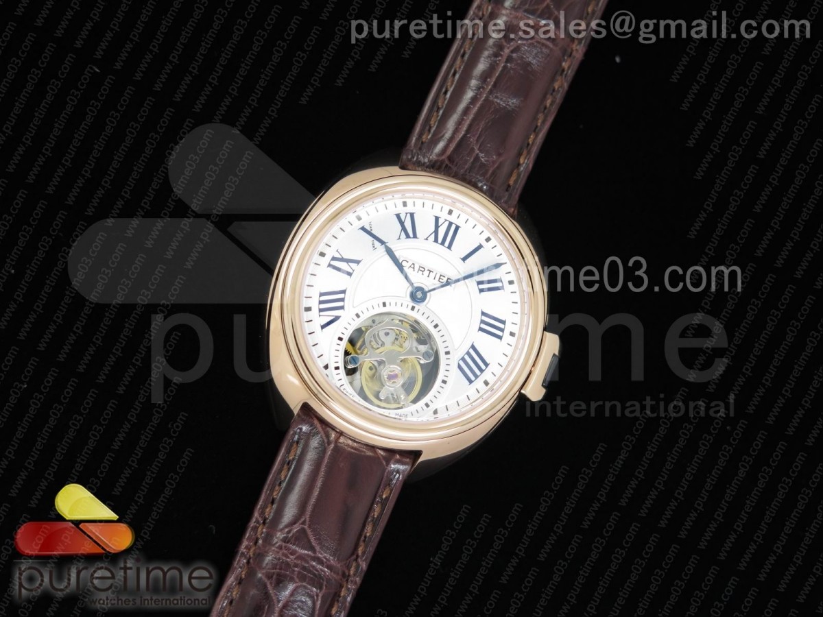 까르띠에 클레 드 뚜르비옹 35MM 화이트 텍스트다이얼 로즈골드 / 브라운 악어 스트랩 Cle de Cartier Tourbillon RG 35mm White Textured Dial on Brown Croco Strap