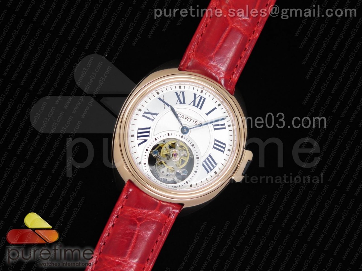 까르띠에 클레 드 뚜르비옹 35MM 화이트 텍스트다이얼 로즈골드 / 레드 악어 스트랩 Cle de Cartier Tourbillon RG 35mm White Textured Dial on Red Croco Strap