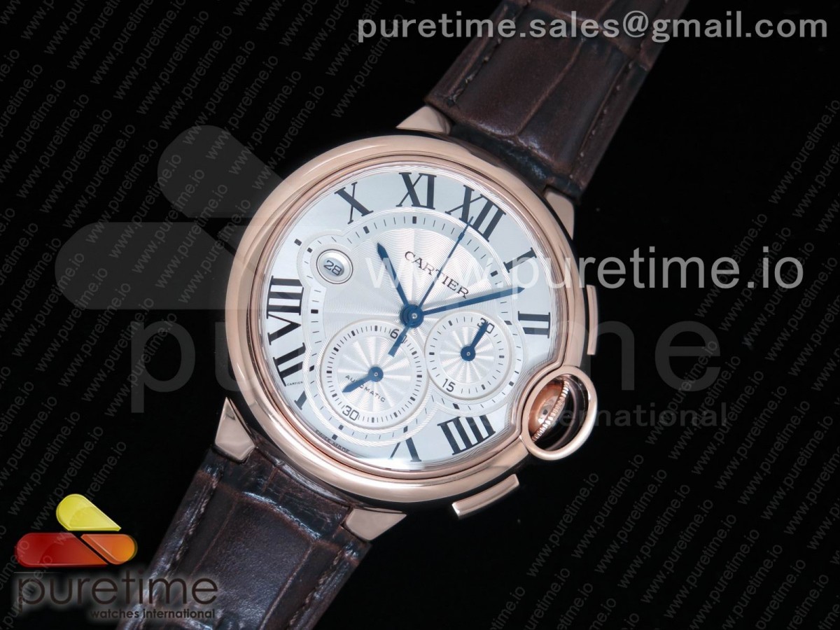 ZF공장 까르띠에 발롱블루 크로노 47MM 로즈골드 화이트 텍스트다이얼 / 가죽 Ballon Bleu De Cartier Chrono 47mm RG ZF 1:1 Best Edition White Textured Dial on Brown Leather Strap A8101