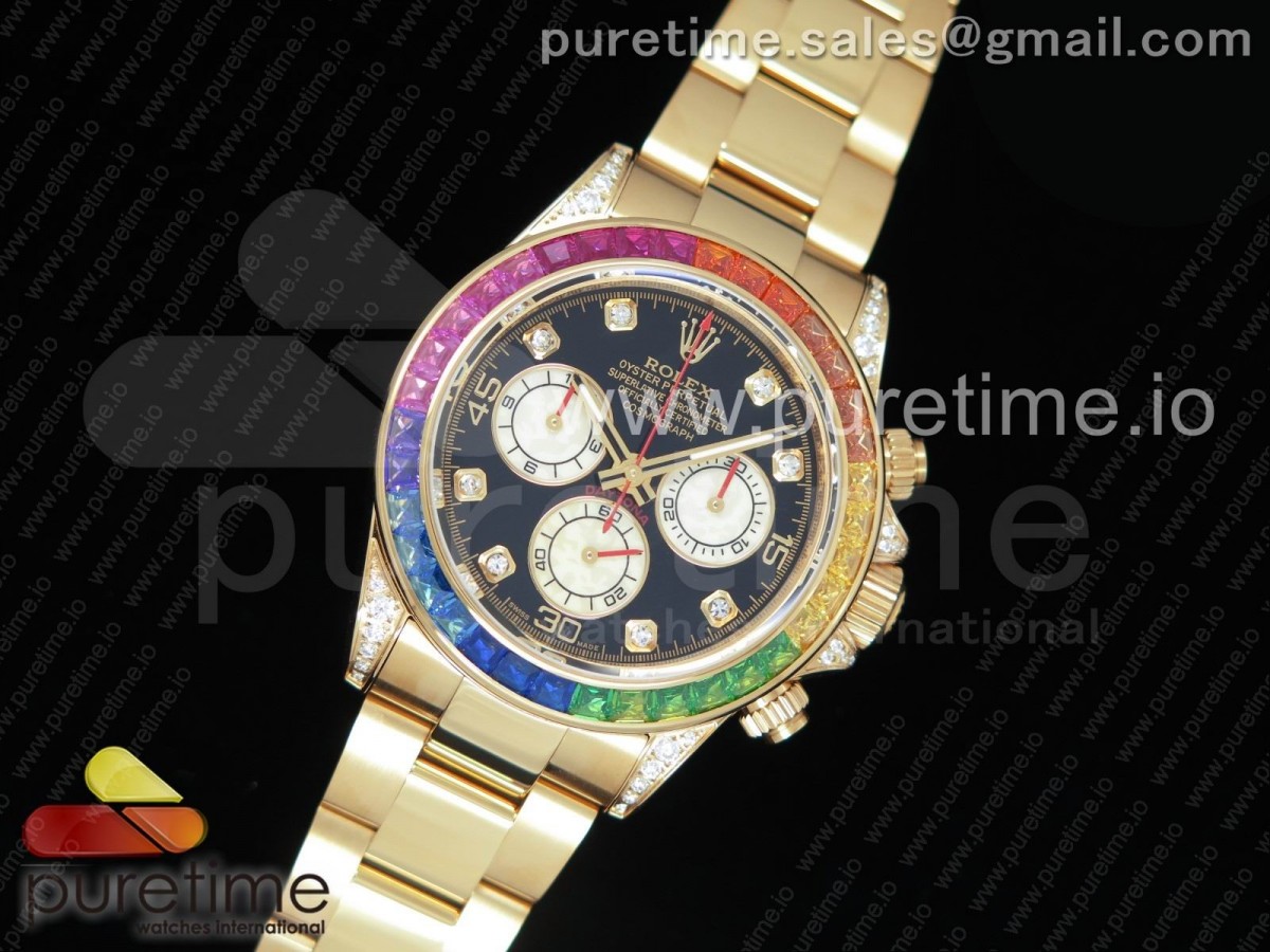 BL공장 롤렉스 데이토나 레인보우 크리스탈 Daytona 116589RBOW YG Rainbow Crystal BLF Best Edition Black Dial on RG Bracelet A4130