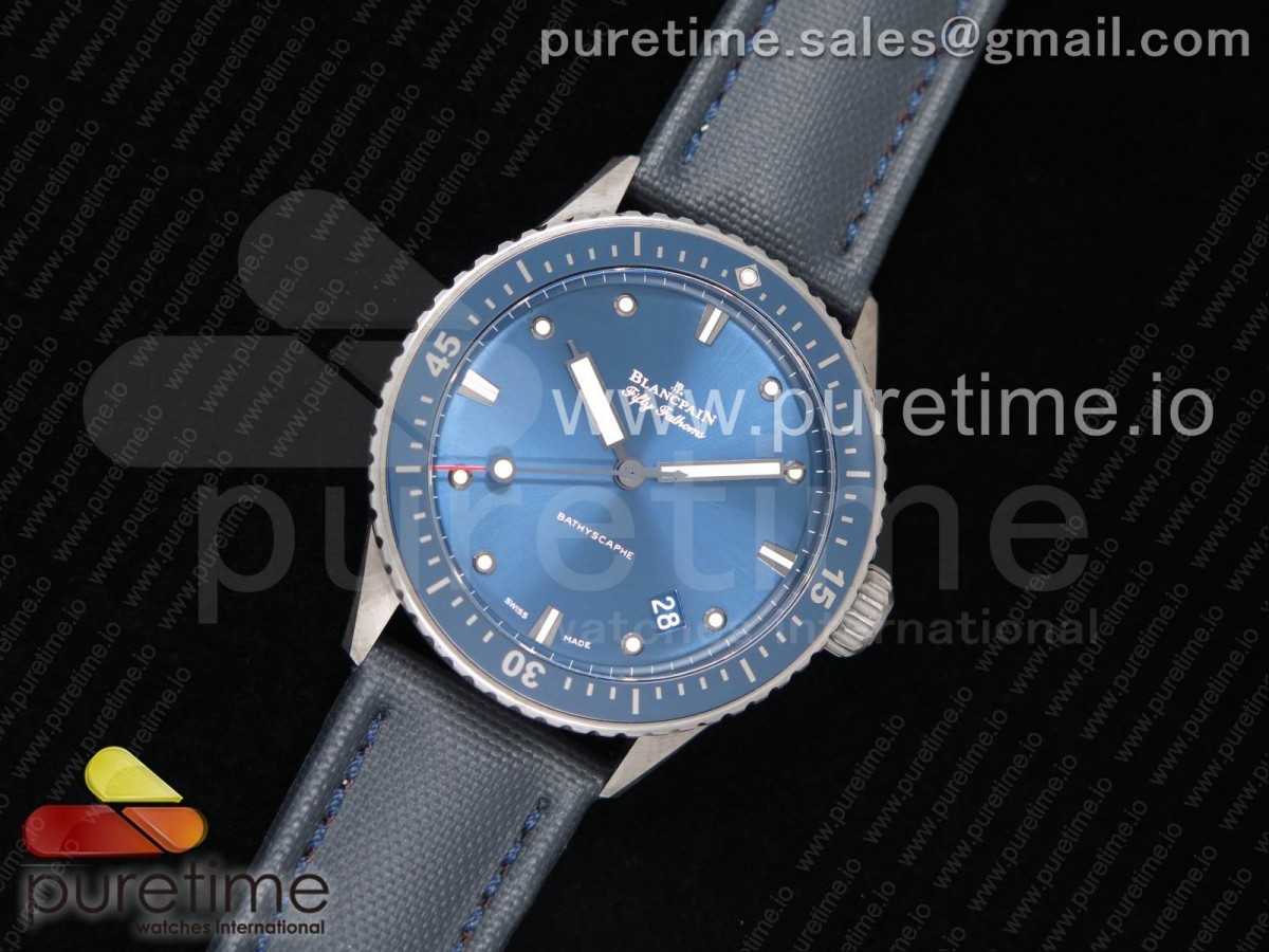 ZF공장 블랑팡 피프티패덤즈 Fifty Fathoms Bathyscaphe Ceramic ZF 1:1 Best Edition Blue Dial on Blue Sail-Canvas Strap A1315