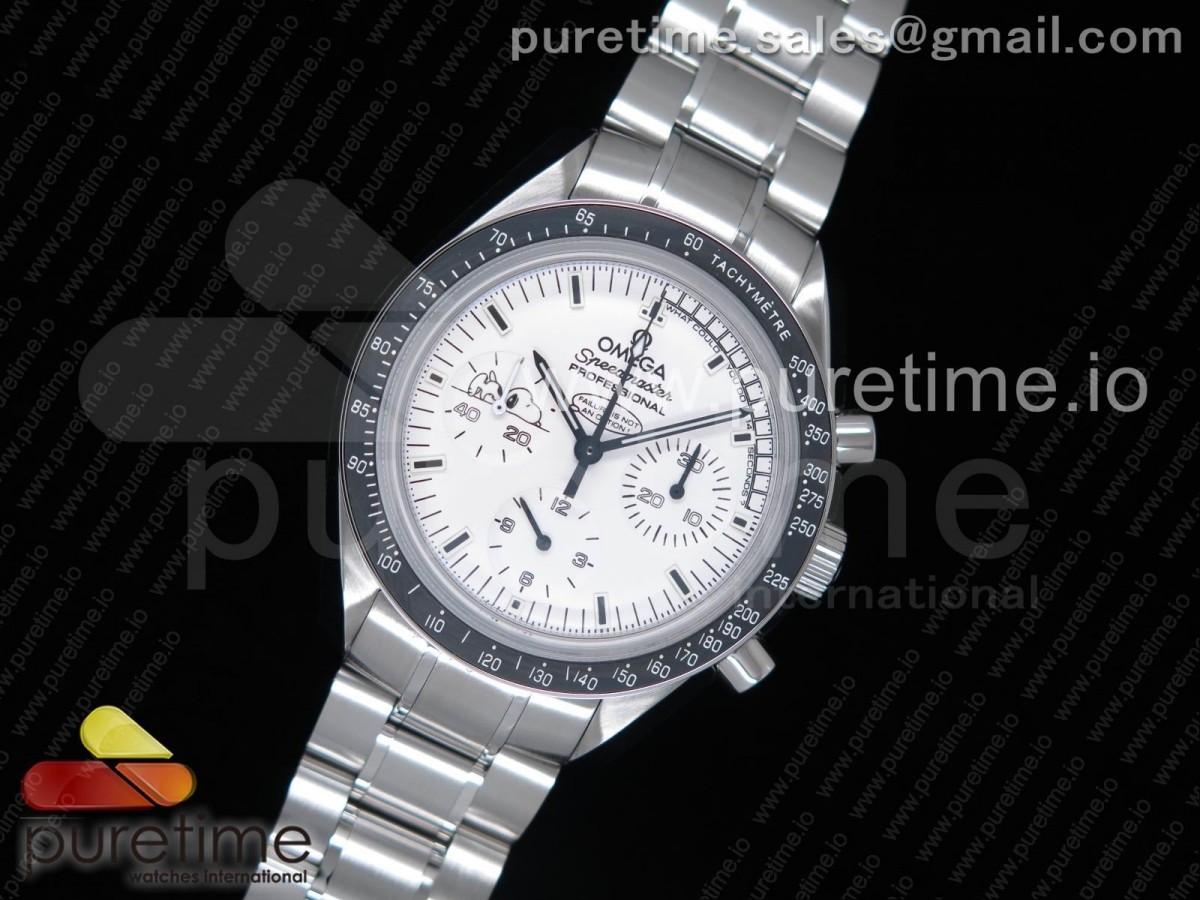 오메가 스피드마스터 스누피 마스터 스틸 화이트 브슬 Speedmaster SS Snoopy Sapphire Crystal White Dial on SS Bracelet Manual Winding Chrono Movement