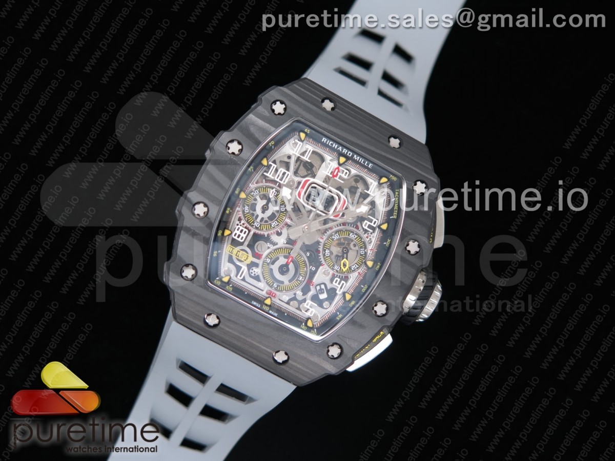 KV공장 리차드밀 RM011 카본 케이스 크로노 RM011 Carbon Case Chrono KVF 1:1 Best Edition Crystal Skeleton Yellow Dial on Gray Racing Rubber Strap A7750