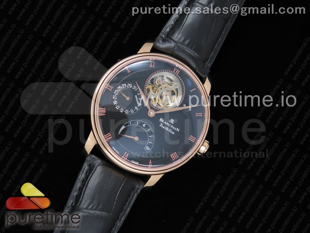 JB공장 블랑팡 빌레렛 투어빌론 Villeret Tourbillon RG Real PR JBF Best Edition Black Dial on Black Leather Strap