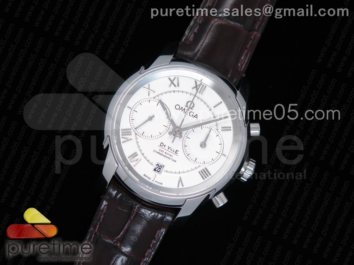 OM공장 오메가 드빌  크로노그래프 42MM 화이트 다이얼 가죽  De Ville Chronograph 42mm SS OMF 11 Best Edition White Dial on Brown Leather Strap A9300 (Black Balance Wheel)