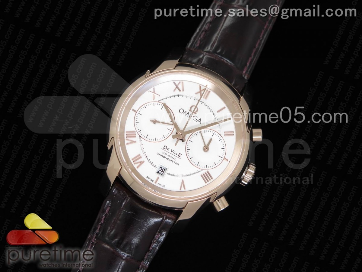 OM공장 오메가 드빌  크로노그래프 42MM 화이트 다이얼 가죽 로즈 골드  De Ville Chronograph 42mm RG OMF 11 Best Edition White Dial on Brown Leather Strap A9301 (Black Balance Wheel)