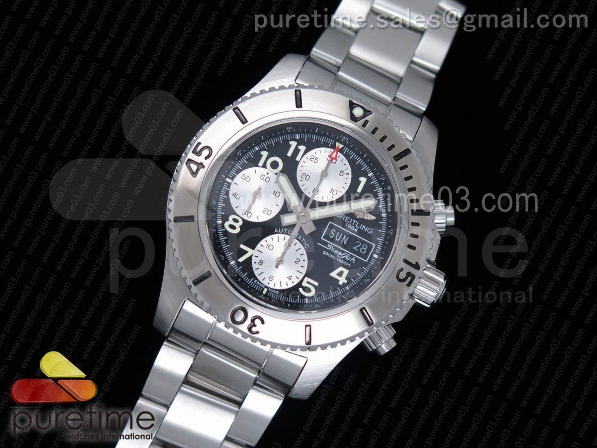 브라이틀링 슈퍼오션 스틸피쉬 블랙화이트다이얼 / 브슬  SuperOcean SteelFish Chronograph SS BlackWhite Dial on SS Bracelet A7750