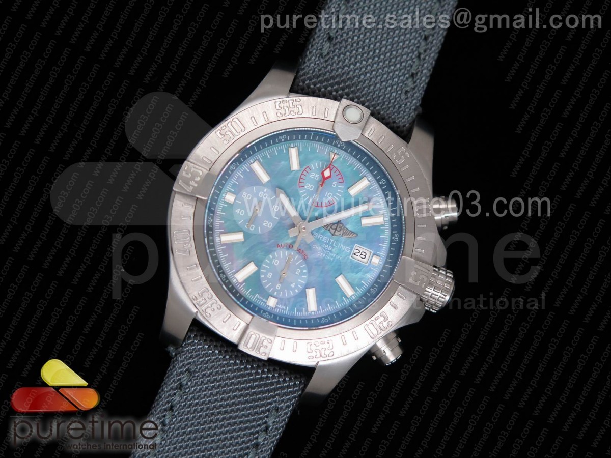 브라이틀링 어벤져 2 씨울프 티타늄 블루 자게다이얼 / 그레이 나토 스트랩  Avenger II Seawolf Chronograph Titanium Case Blue MOP Dial on Gray Nylon Strap A7750