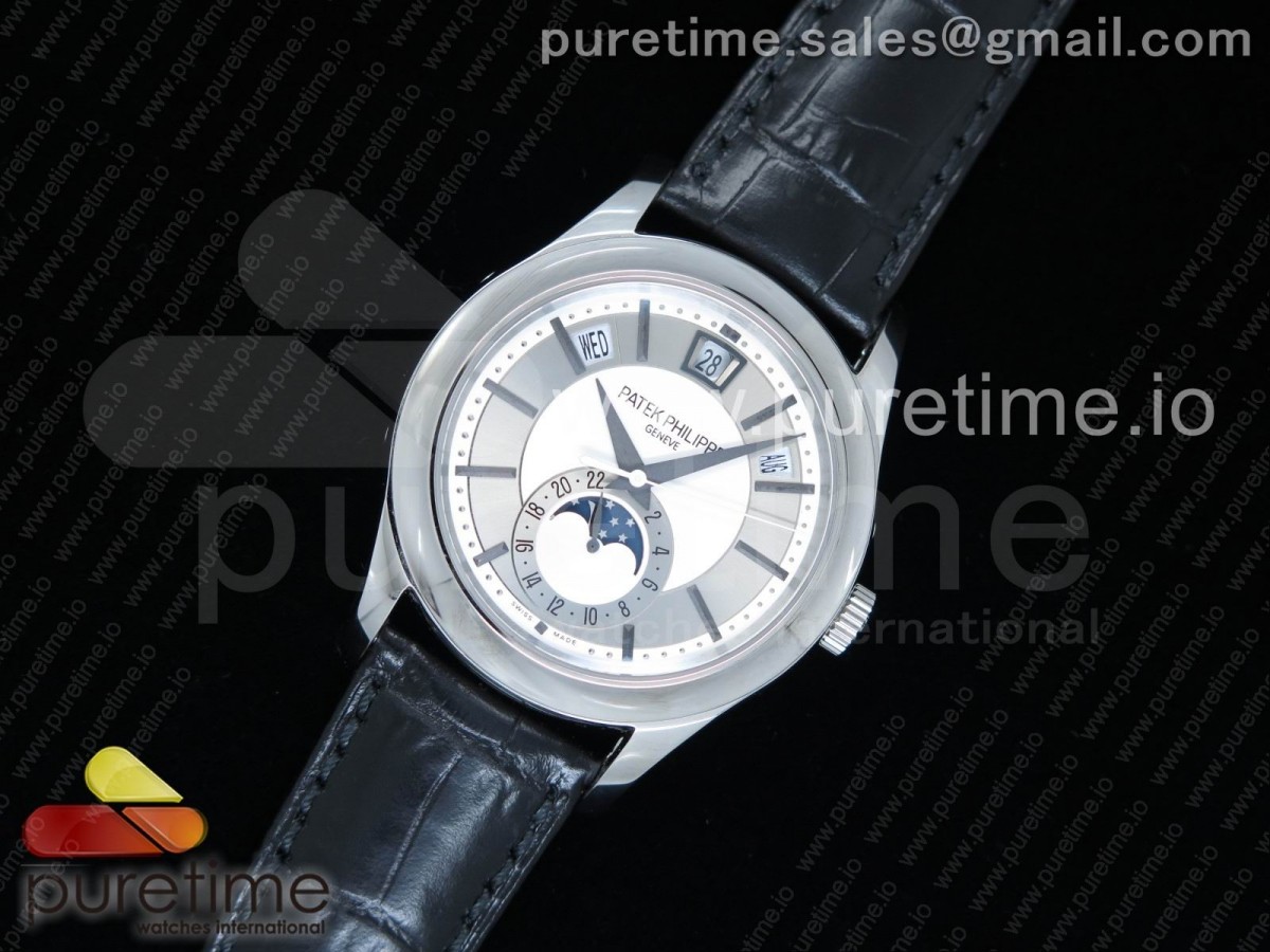 KM공장 파텍필립 컴플리케이션즈 문페이스 화이트 다이얼 블랙 레더 스트랩 Complications Series Moonphase SS KMF White Dial on Black Leather Strap Cal.324