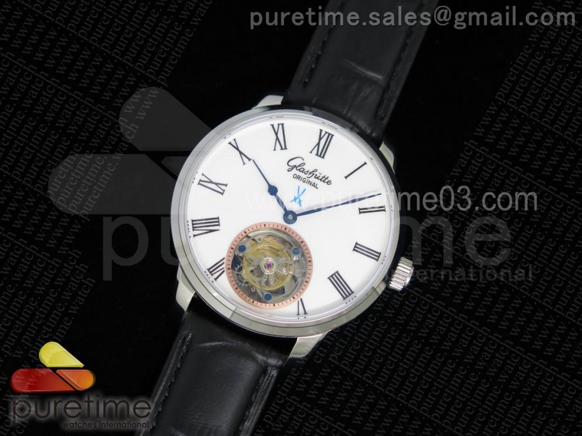 글라슈테 세너터 마이센 뚜르비용  화이트 다이얼 Senator Meissen Tourbillon SS White Dial on Black Leather Strap