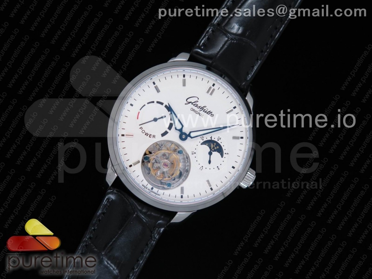 글라슈테 세너터 뚜르비용 화이트 다이얼 Senator Tourbillon SS White Dial on Black Leather Strap