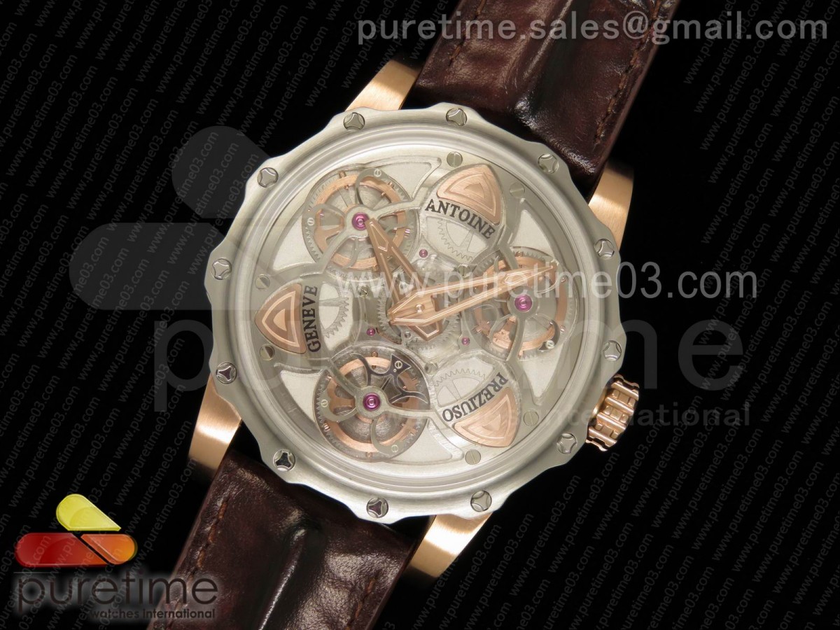 앙트완 프레지우소 뚜르비옹 오브 뚜르비옹 로즈골드 스켈레톤 다이얼 Tourbillon of Tourbillons SS/RG Skeleton Dial on Brown Leather Strap Miyota Movement