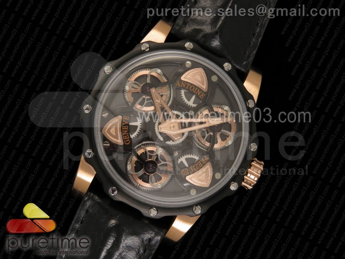 앙트완 프레지우소 뚜르비옹 오브 뚜르비옹 PVD 로즈골드 스켈레톤 다이얼 Tourbillon of Tourbillons PVD/RG Skeleton Dial on Black Leather Strap Miyota Movement