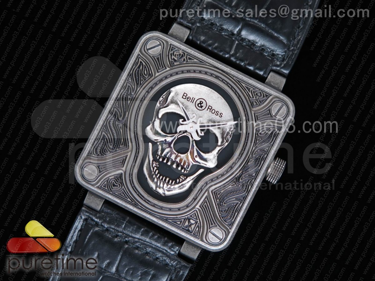 벨엔로스 버닝 스컬 타투 앤티크 다이얼 블랙 레더 스트랩  Bell & Ross BR01 Burning Skull ‘Tattoo’ Watch Antique Dial on Black Leather Strap MIYOTA 9015